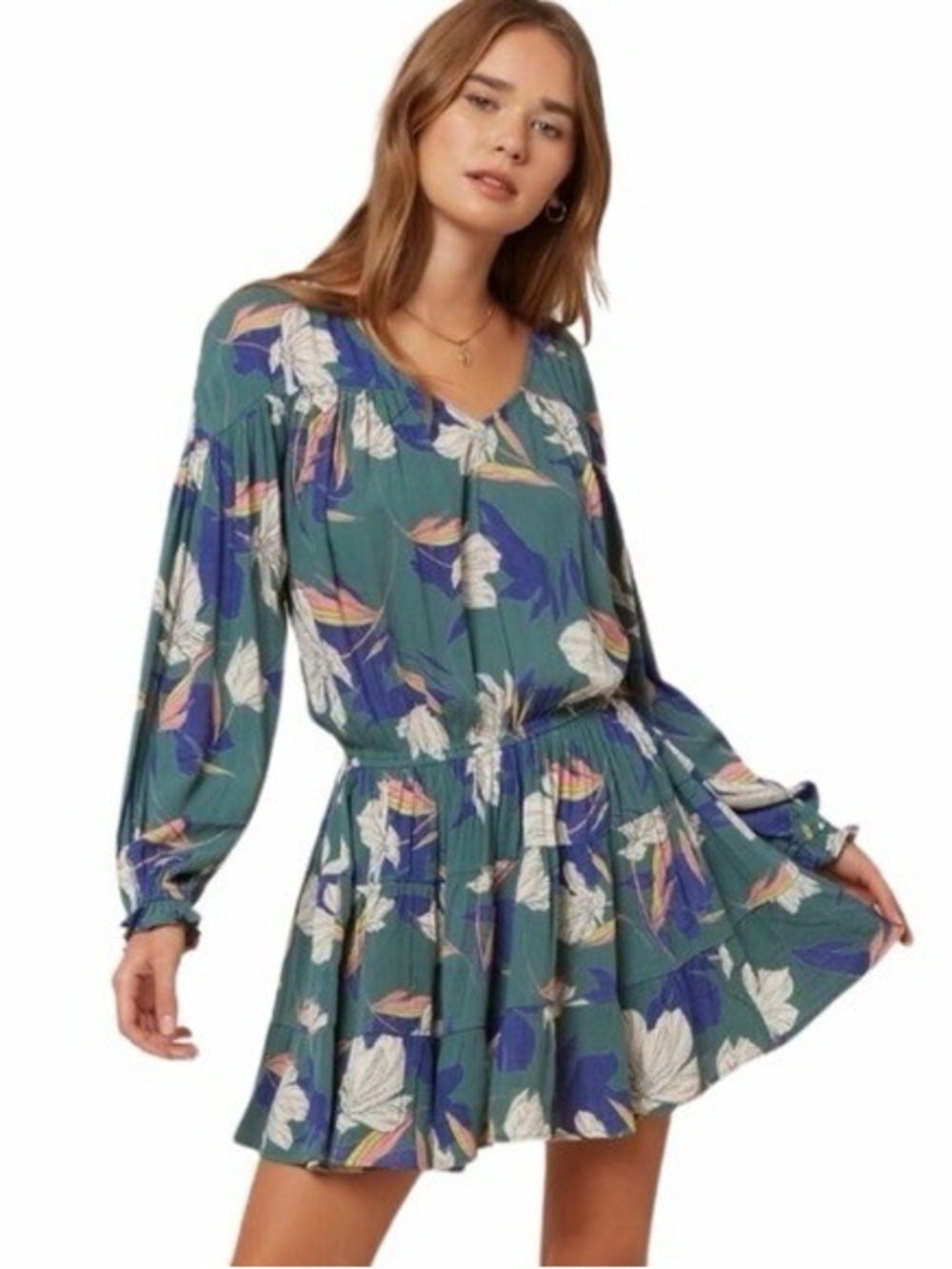 O'Neill Green Floral V-Neck Long-Sleeve Mini Dress Size XS